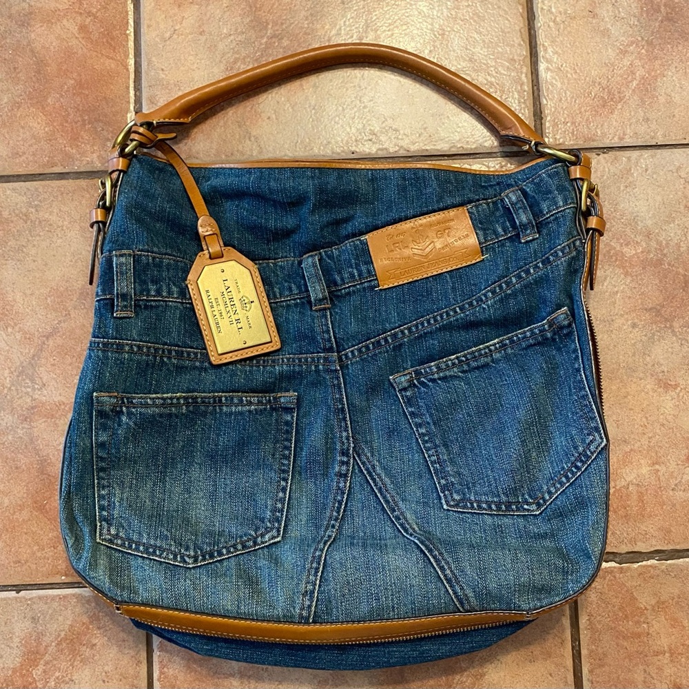 Ralph Lauren Denim Leather Hobo Handbag EXTREMELY RARE❣️ - Picture 2 of 16